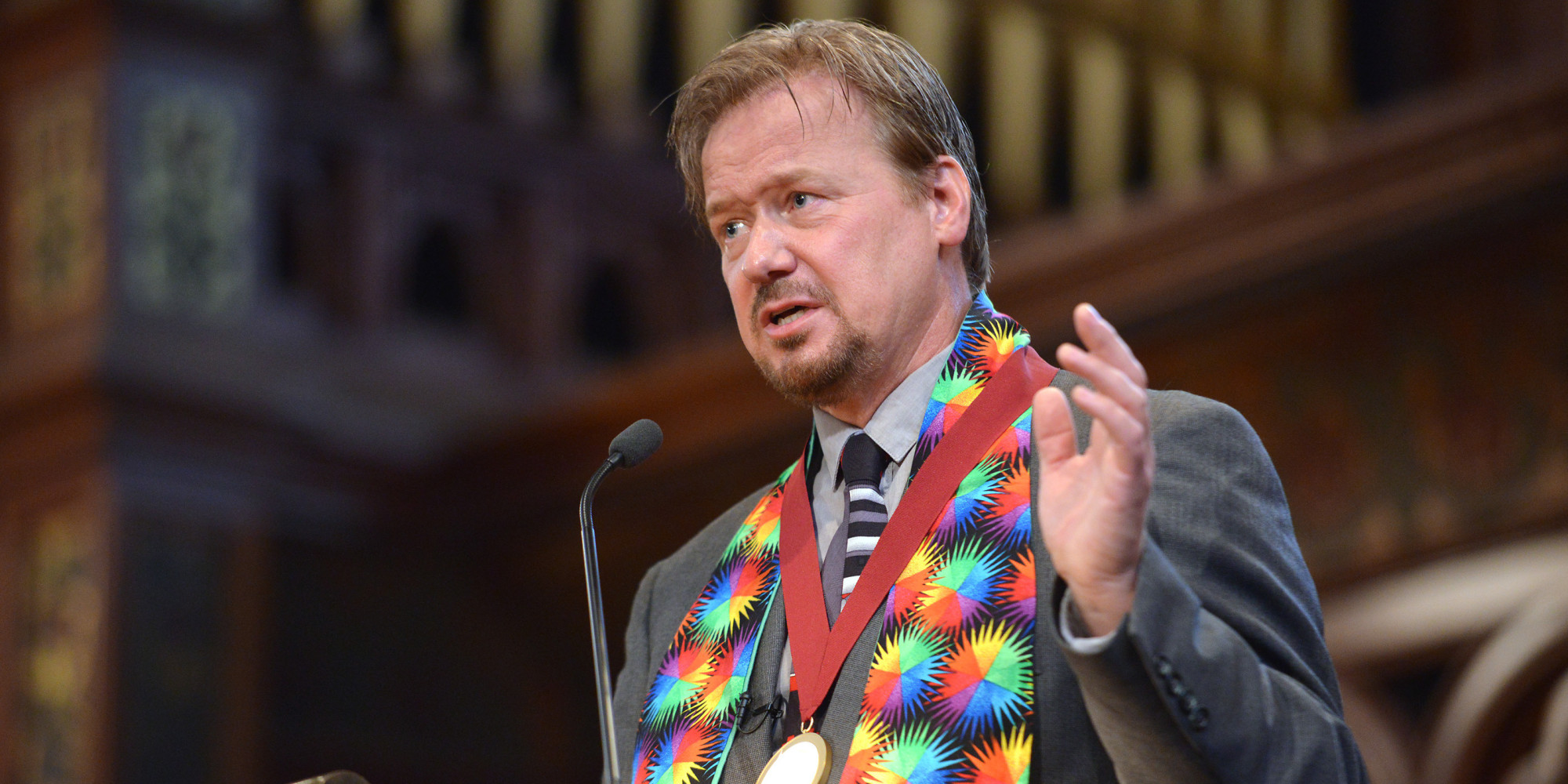 Frank Schaefer speaks to parishioners after receiving an Open Door Award for his public advocacy during a ceremony marking 10 years of legal gay marriage in Massachusetts, at Old South Church, in Boston MA, June 2014.