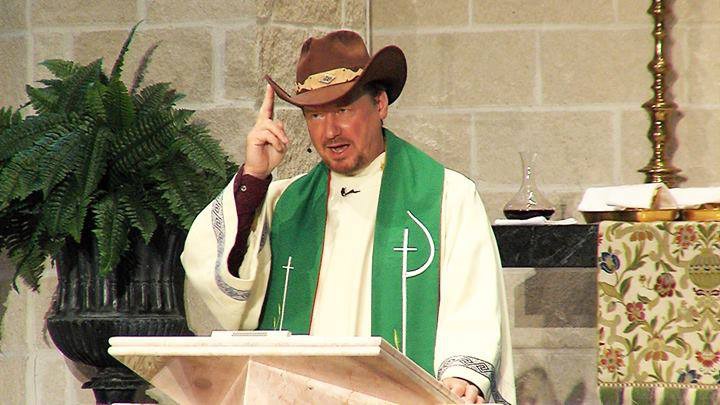 Rev. Frank Schaefer dons a cowboy hat while speaking at the Cathedral of Hope in Dallas TX, February 2014.