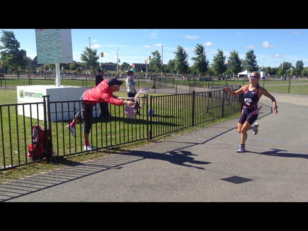 The final 1k of the Duathlon World Championships in Ottawa, Canada! I am reaching for the American flag as I cross the finish line! GO TEAM USA!!!