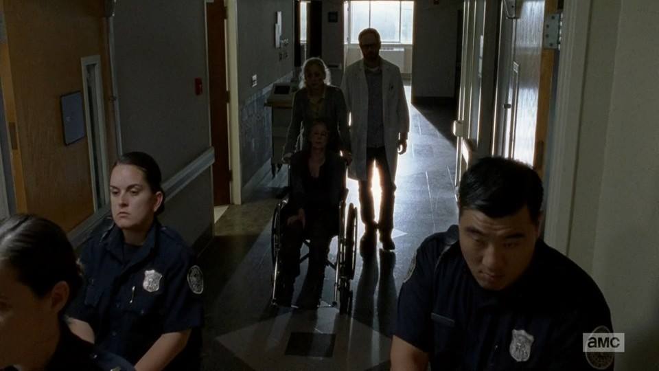 Amber Dawn Fox, on left, as Officer Bello in AMC's The Walking Dead
