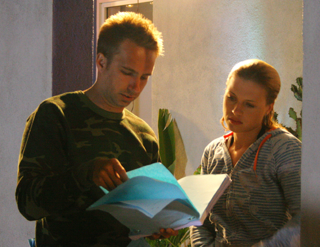 Behind the scene on from the movie Delivered, directed by Michael Madison and Linda Nelson. Michael Madison goes over a scene with actress Jeanette Steiner.