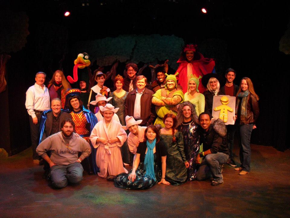 The original cast of the Theatre for Young Audiences Version of Shrek The Musical with David Lindsay-Abaire. Director: Jeff Church. Musical Director: Anthony Edwards. Choreographer: Marc Wayne. Costume Designer: Georgianna Londre Buchanan.