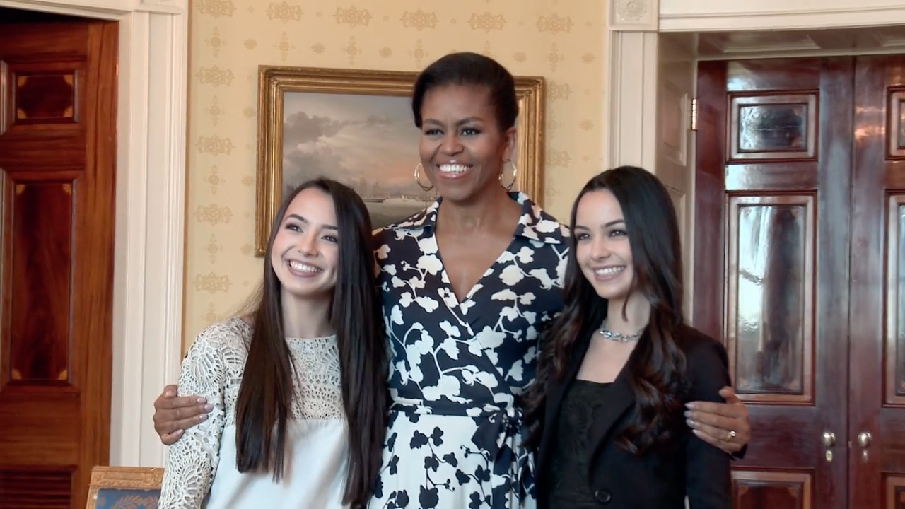 Veronica Merrell, Michelle Obama, and Vanessa Merrell at a White House event for the First Lady's Reach Higher Initiative 