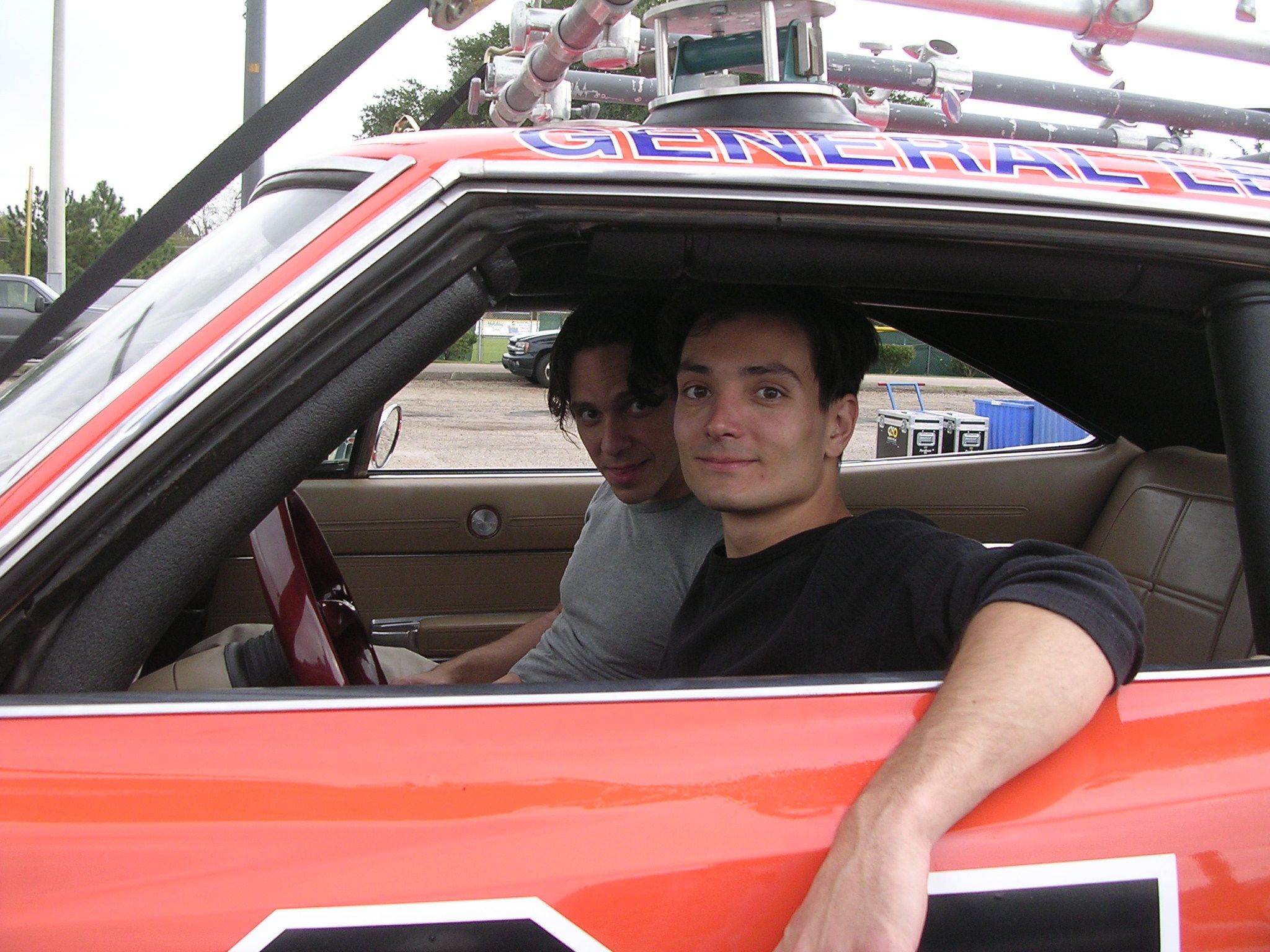 David Alvarez and John D'Aquino on set of Dukes of Hazzard