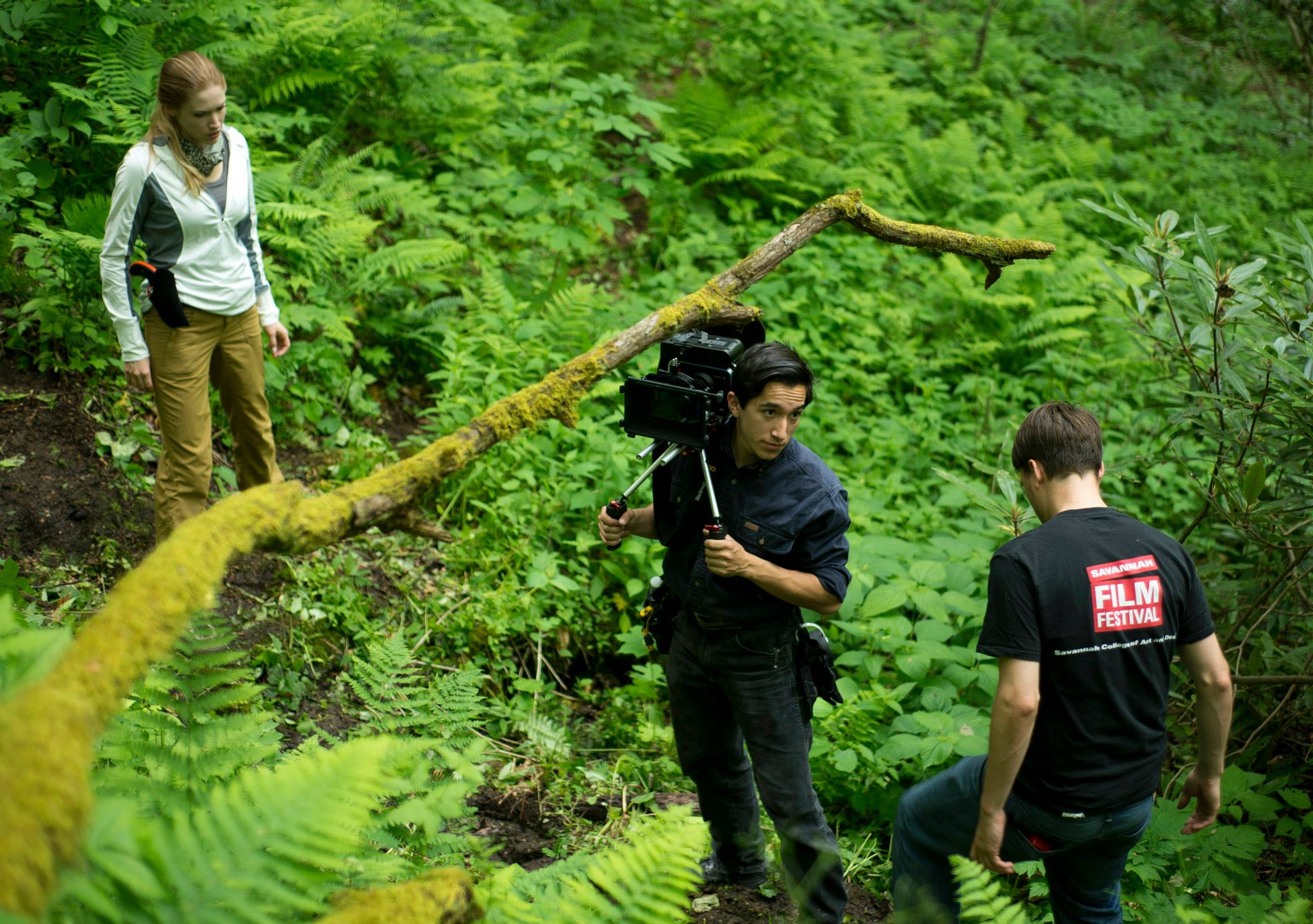 Emily Updegraff, Bryan Tan, and Oran Domingue on the set of Hominid, Roan Mountain Tennessee