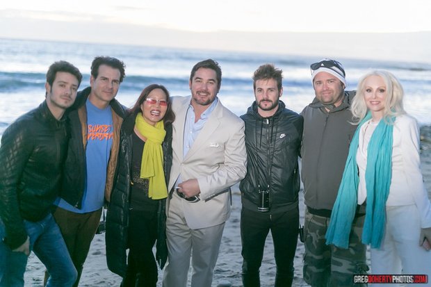 Aaron Lee, Vincent De Paul, Joyce Chow, Dean Cain, Christian Filippella, Brian Skiba and Donna Spangler on the set of Beverly Hills Christmas in Malibu, CA. December 2014.