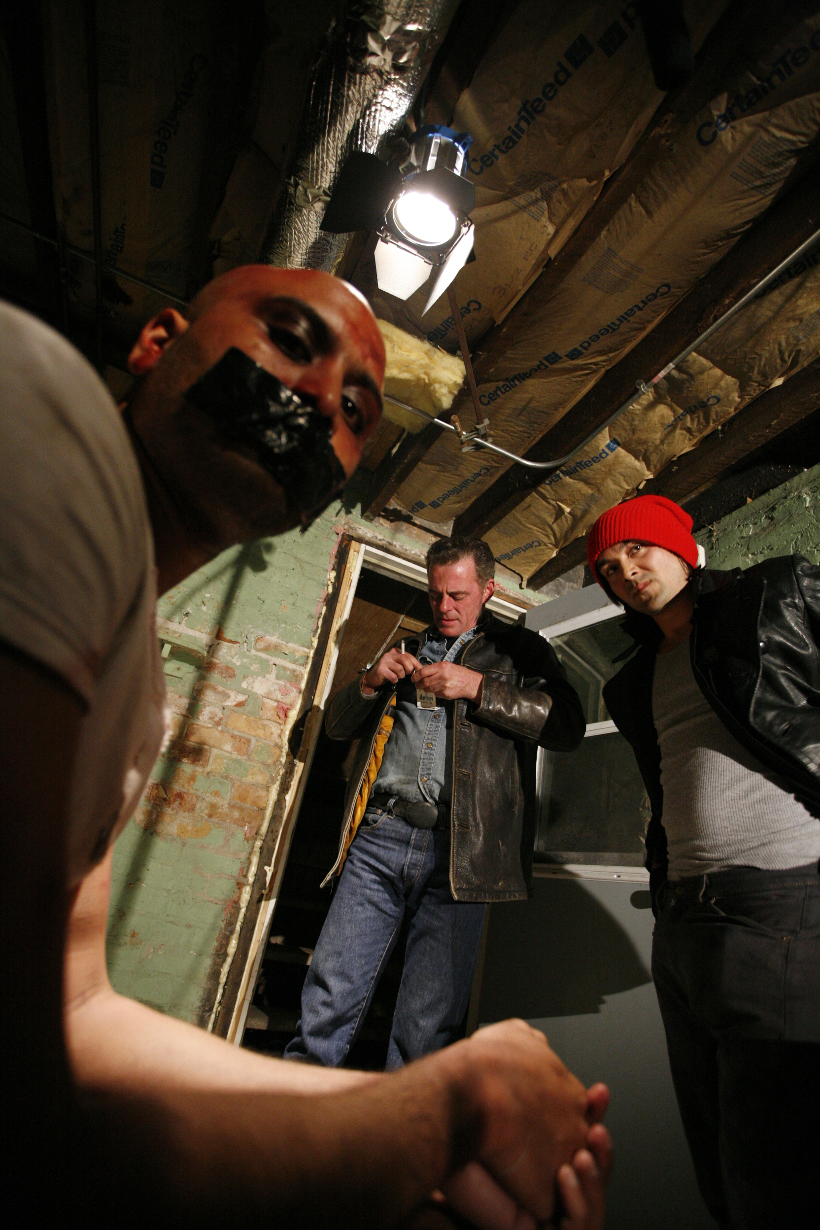 Actors Naresh Kavuri, Craig Pressnell and Matt Ukena on the set of FIRST HAND SMOKE, a Theophilus Jamal film.