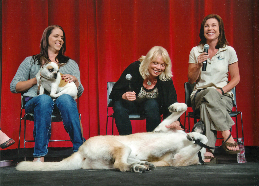 Sarah Clifford (left), holding Brigitte the dog, attending The Academy of Motion Picture Arts & Sciences' 