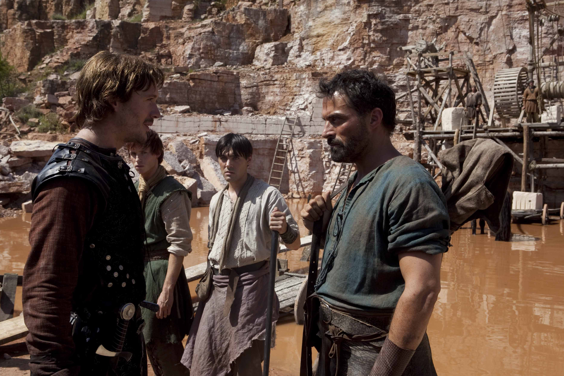 Still of Rufus Sewell, Liam Garrigan, Eddie Redmayne and David Oakes in The Pillars of the Earth (2010)