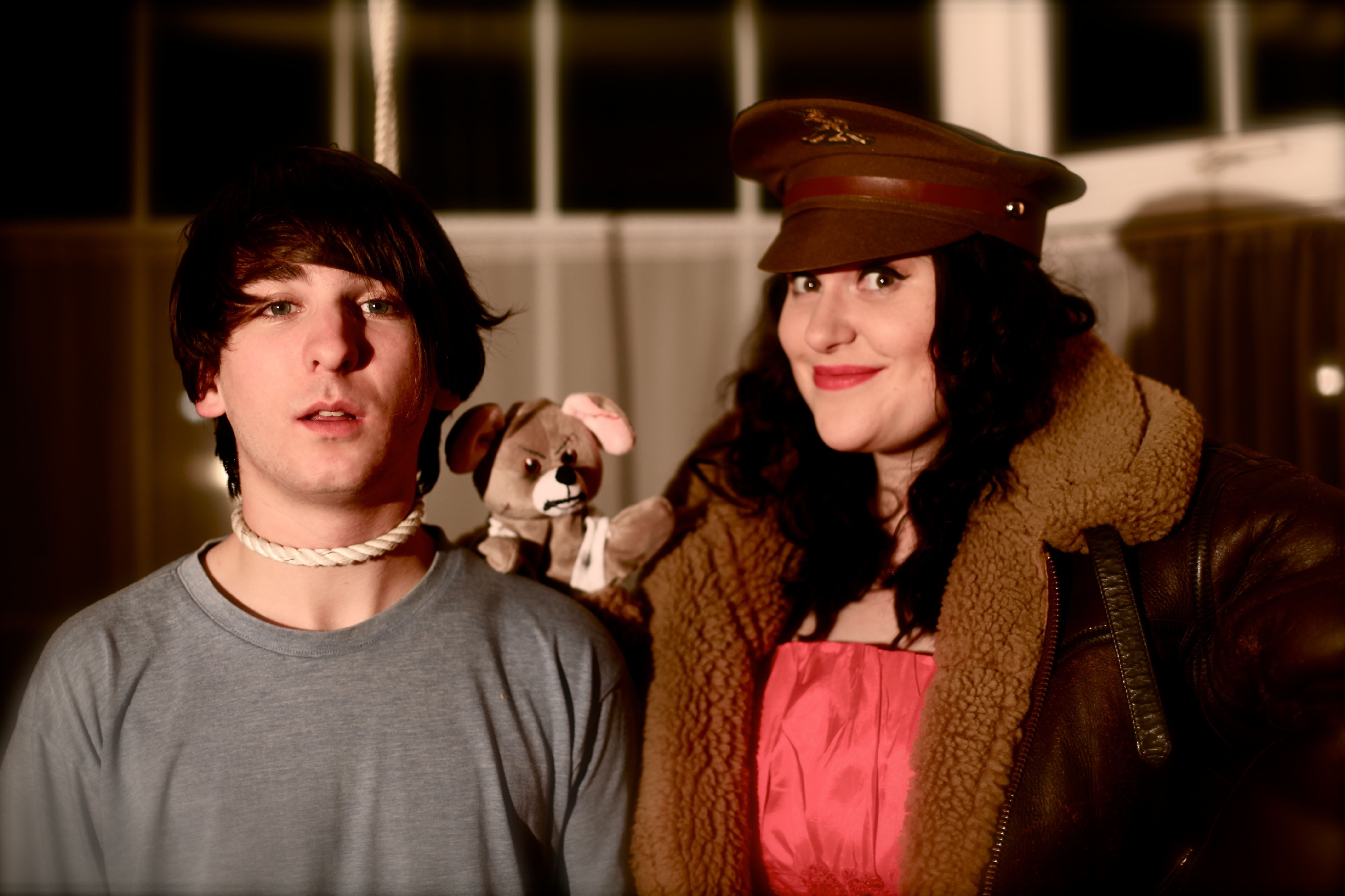 Actor Sam Costelloe and actress Alexandra Lawes with Obscenity Mouse in black comedy A Nice Little Suicide