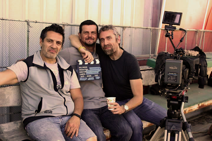 Cinematographer Massimiliano Trevis and Director Max Leonida with an actor, on the set of the film 