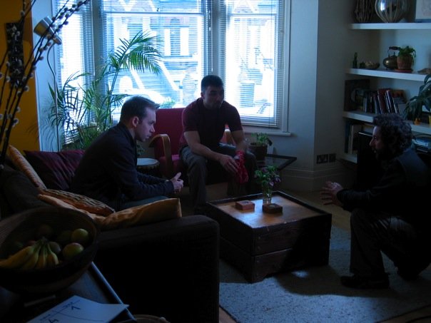 Damien Ashley with Actor David Martin and Dir.Michele Castellucci going over scene's during shooting of 'Jump'