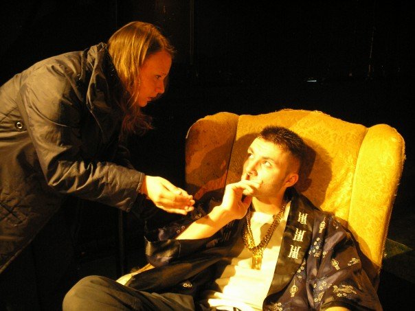 Damien Ashley as drug lord 'Virgil' alongside Actress Clara Giraud in production of 'Valediction'. Dir. Alex Hughes, Writer's Eddie Rainbow and Ashley Day.