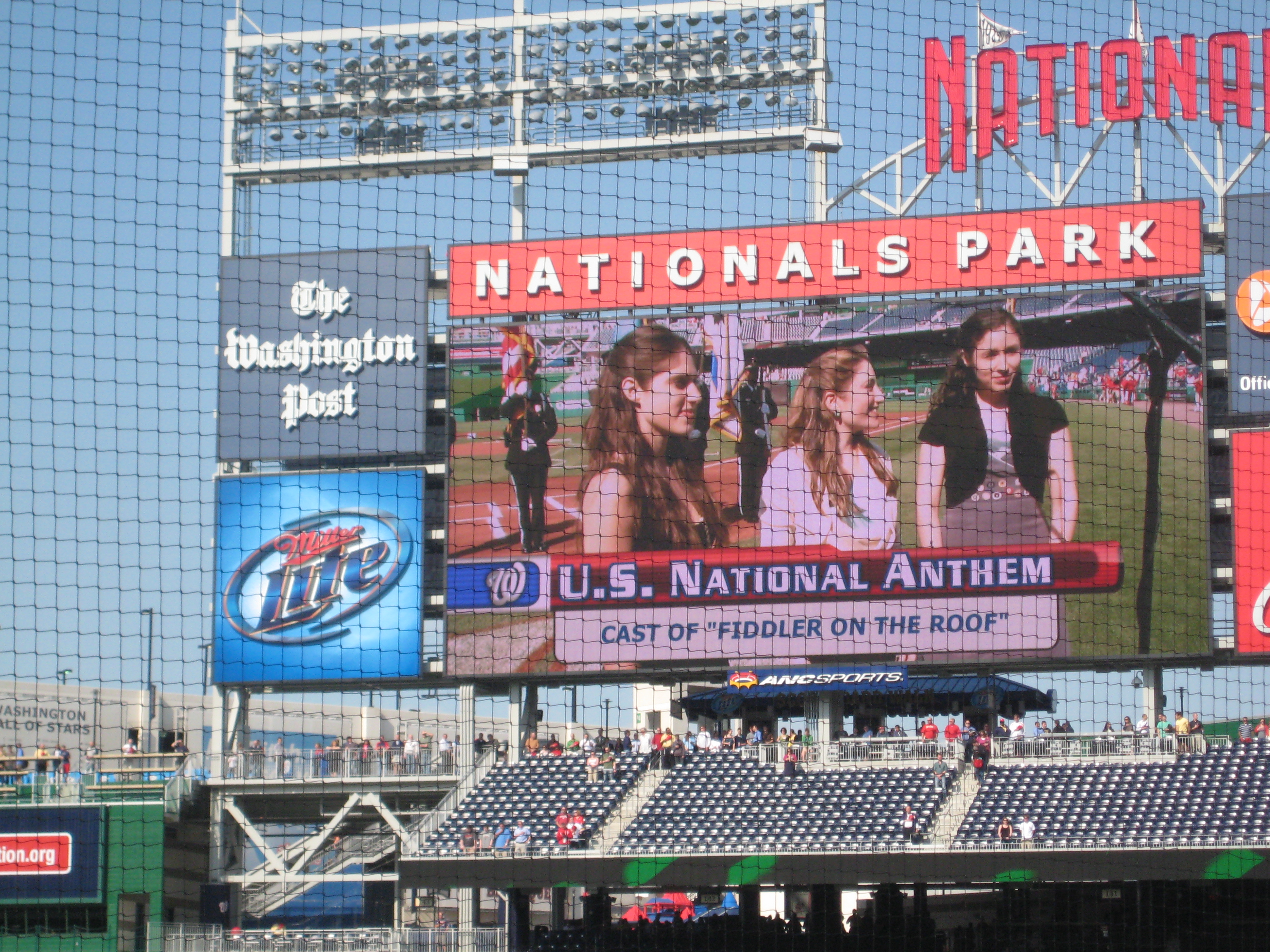 On the jumbotron singing the National Anthem at the Washington Nationals game in DC with Jamie Davis and Kaitlin Stilwell.