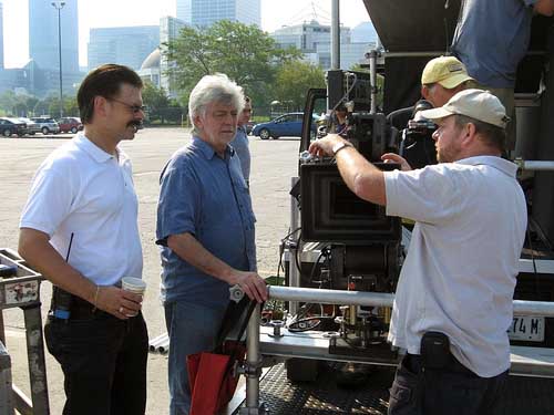 Unit Producer, Stephen R. Campanella with Cinematographer Anthony B. Richmond and first assistant camera Bill Floyd on location in Cleveland with The Rocker
