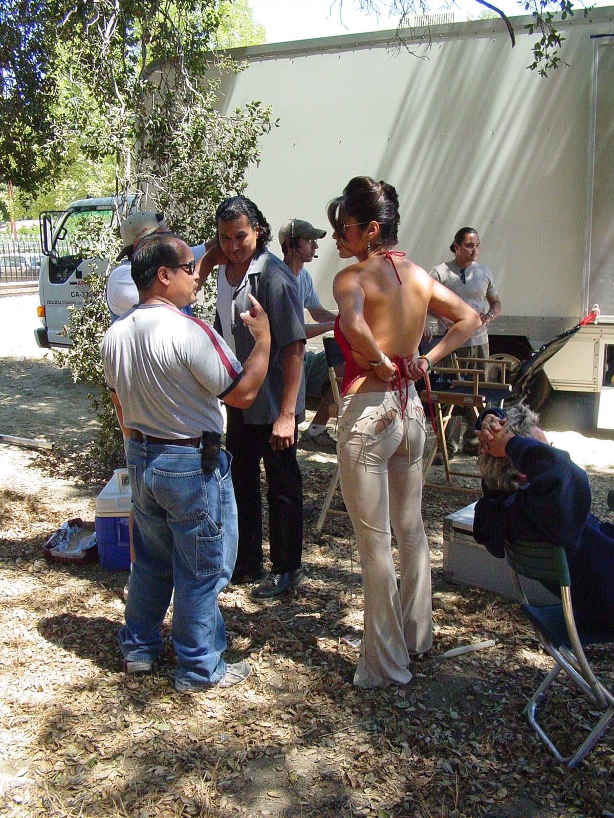 On the set of DEVIL'S KNIGHT prepping a stunt with Elizabeth Alvarez and stunt coordinator Joe Perez.