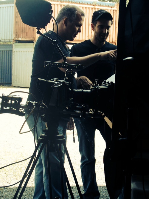 Director Vincent Simoneau and Director of Photography, Mark Szilbereisz, discussing a scene on the set of The Architect of Downfall (July 5, 2014)