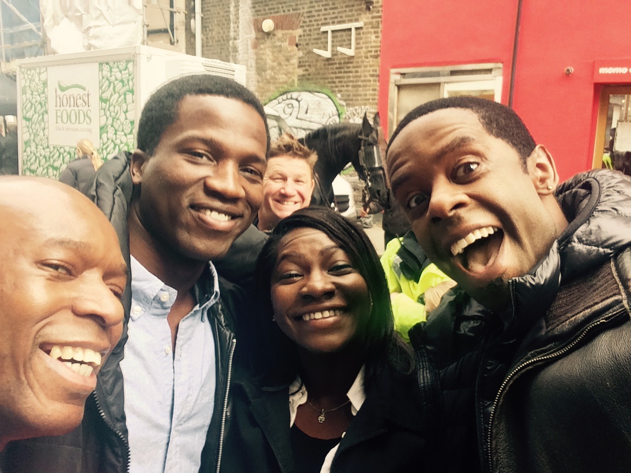 David Olawale Ayinde with Adrian Lester, and some other actors on set of the BBC1 TV Drama UNDER COVER
