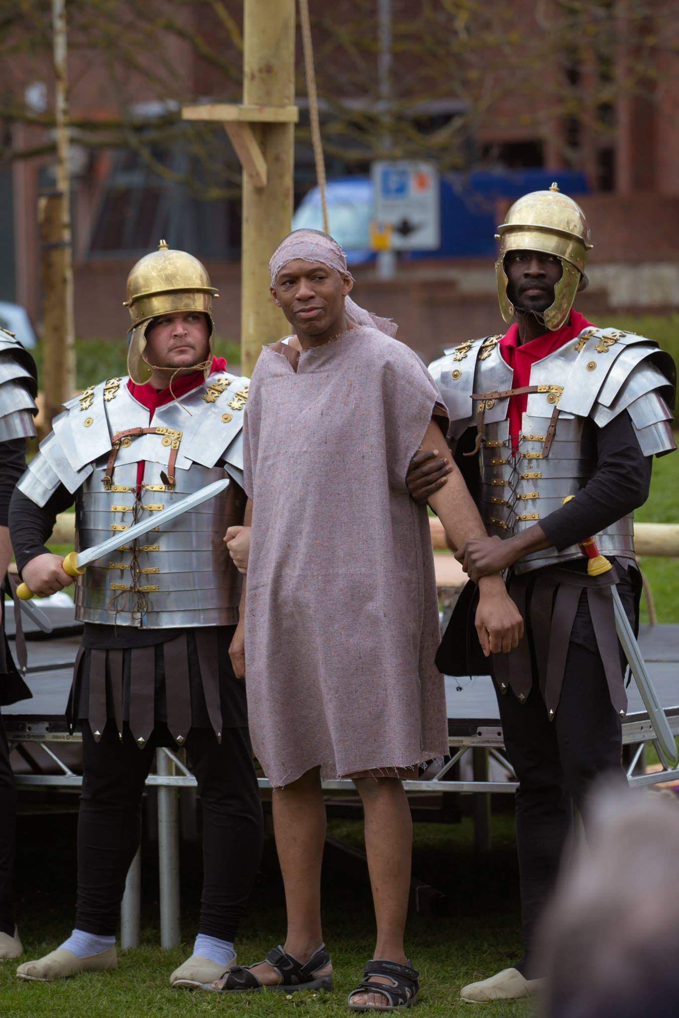 David Olawale Ayinde as Barabbas, held by two armed soldiers in the Re-enactment of The Passion of Jesus Christ Play 2015