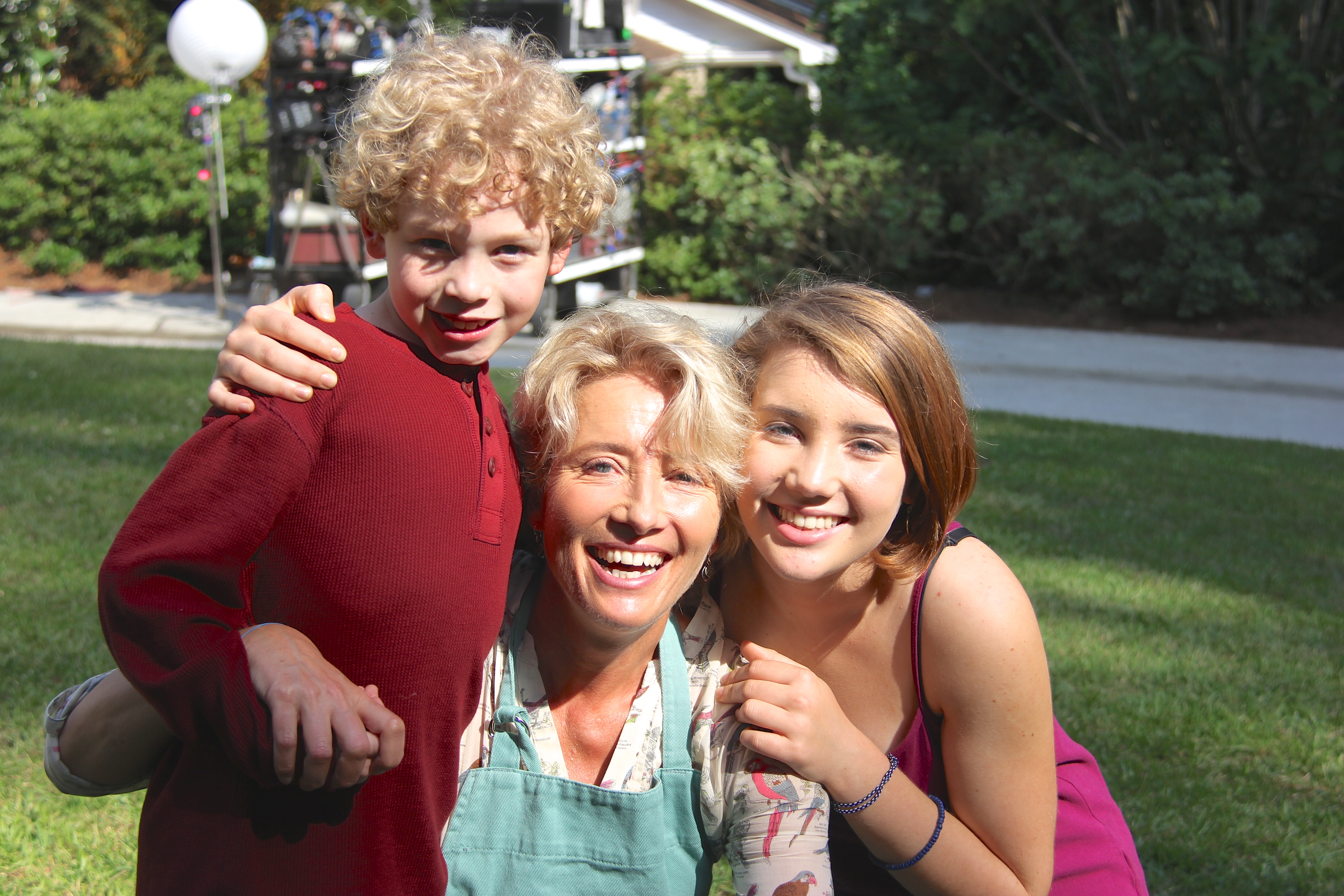 Tucker with Emma Thompson and Gaia Wise on the set of A Walk in the Woods
