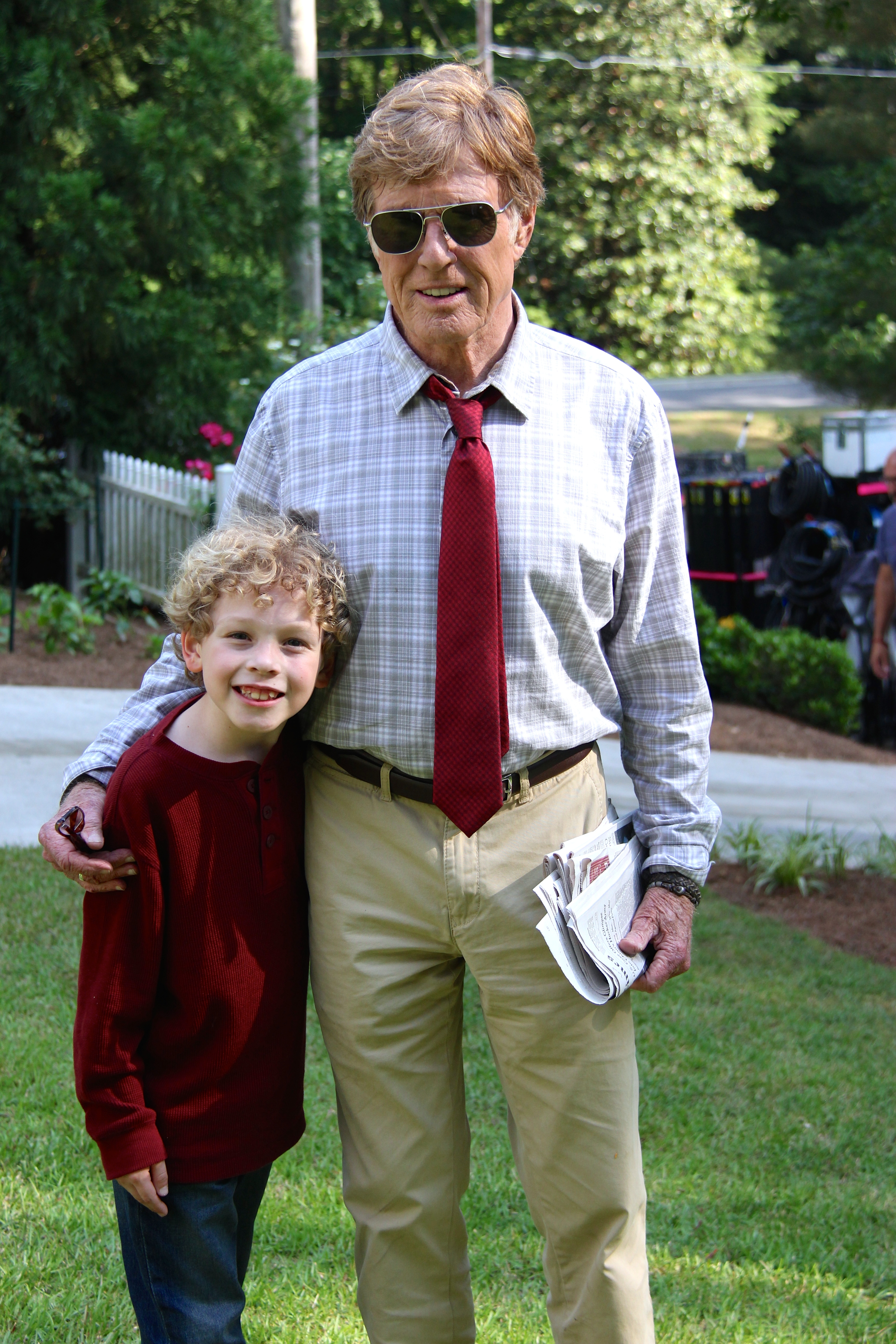 Tucker with Robert Redford filming A Walk in the Woods