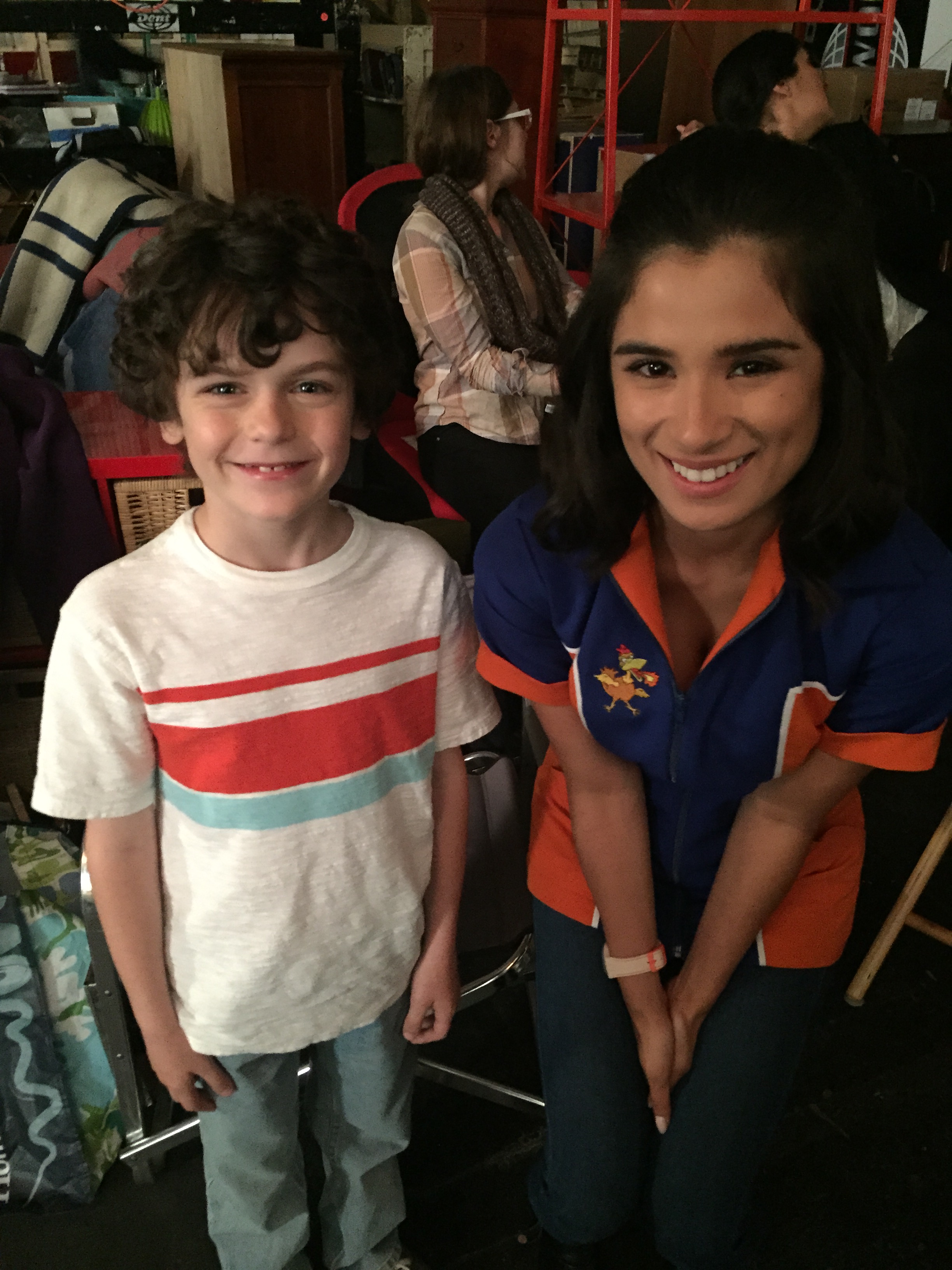 Zachary Rifkin with Diane Guerrero on the set of Super Clyde.