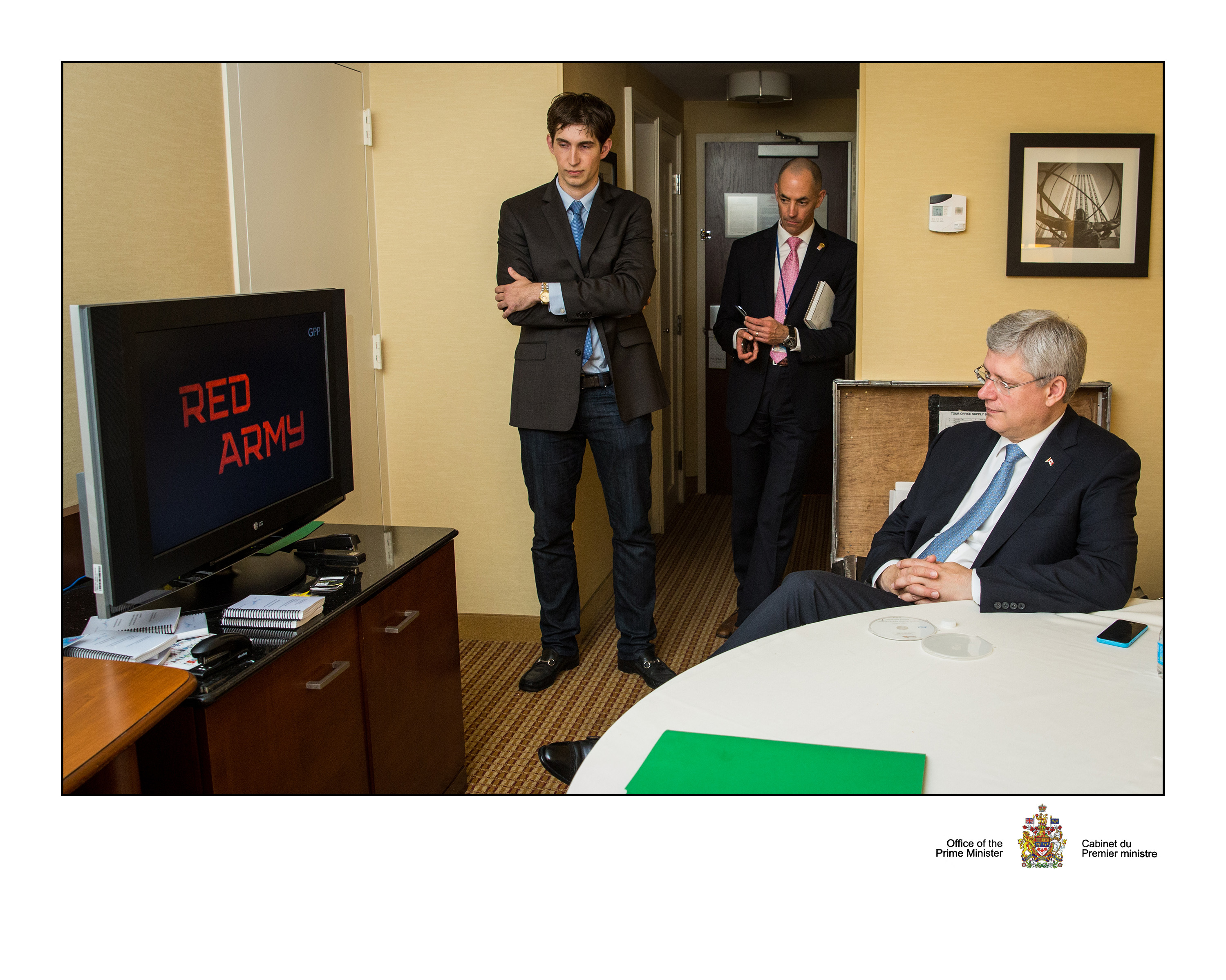 Sean Carey and Canadian Prime Minister Stephen Harper. Personal screening of Red Army in NYC. September, 2014.