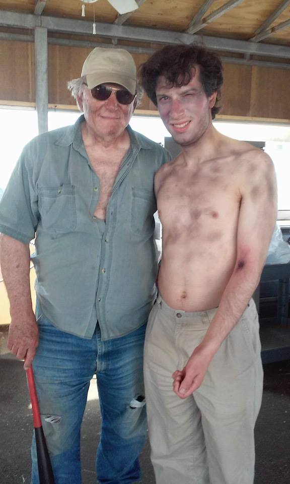 Actors Burnham Holmes (Homeless Man #5) and Ken Holmes (Homeless Chieftain) on the set of the film 