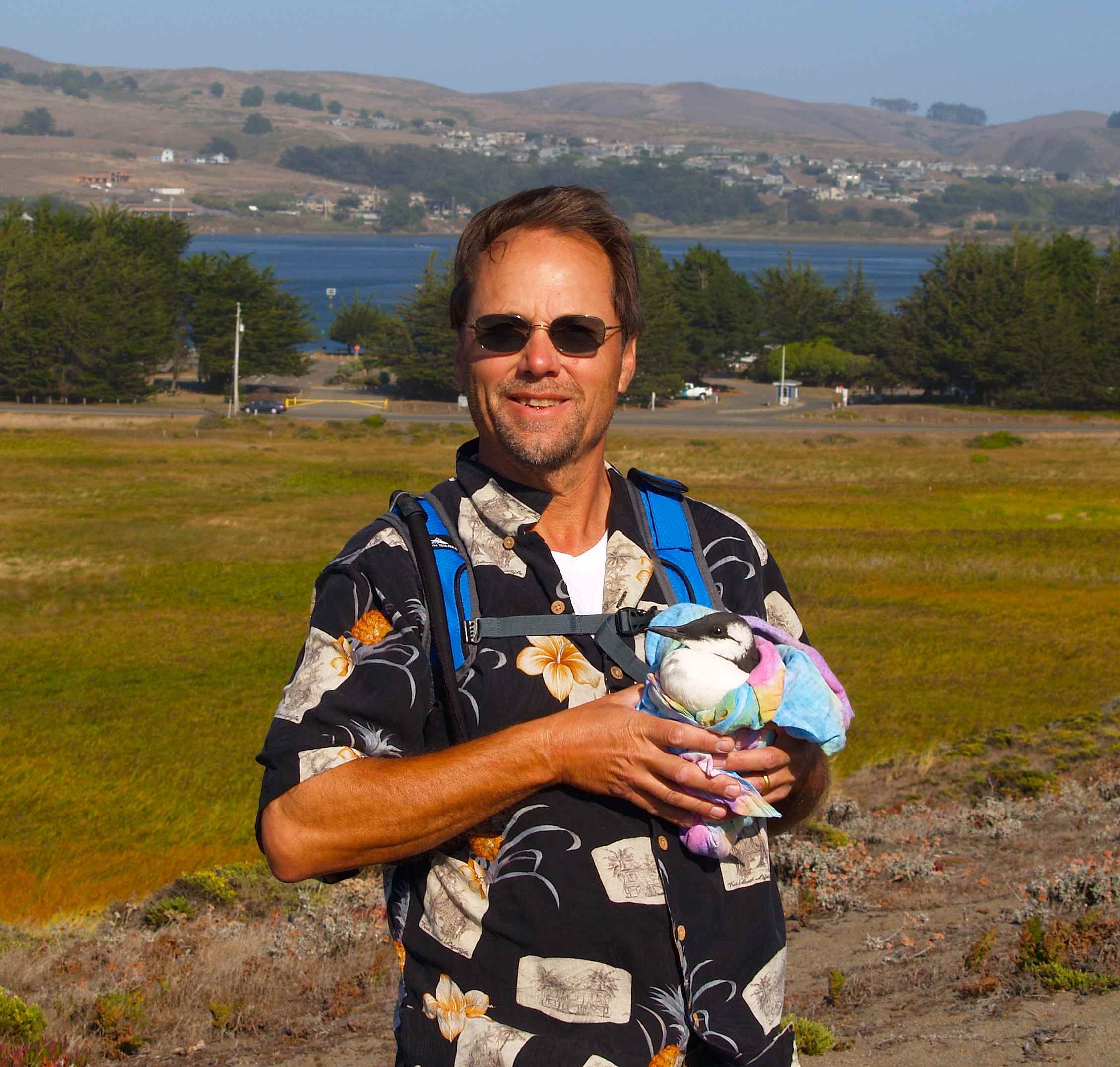 Capt. William E. Simpson on location in Bodega Bay, CA with a rescued Murre. A Murre is a sea bird that is capable of diving up to 100 meters in search of food.
