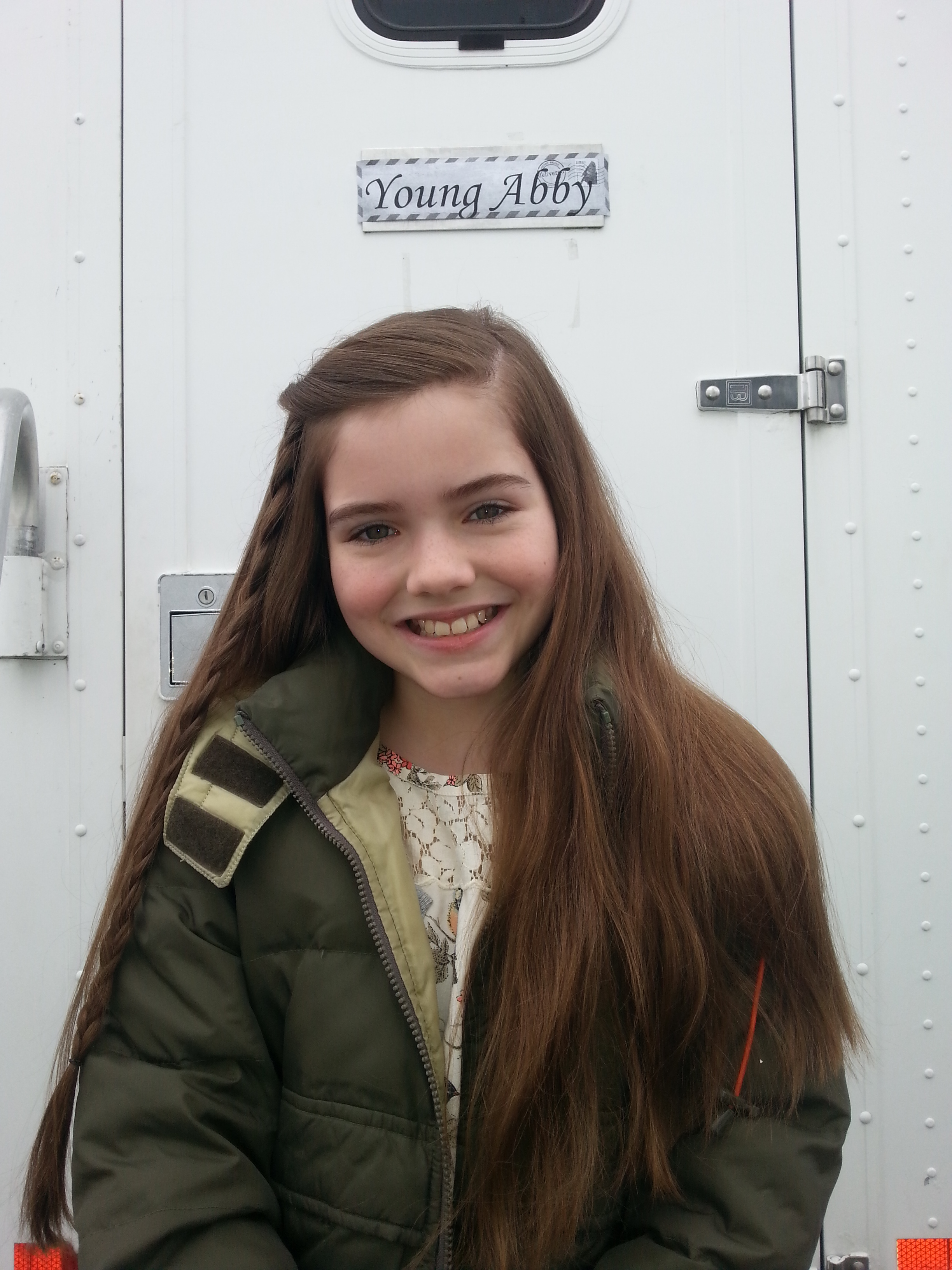 Julia on set as Young Abby on Signed Sealed Delivered