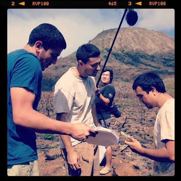 Dan Zelikman, Jesse Starmer, Hugh Chou, and Sean Nakamura on the set of Hawaii Previous.