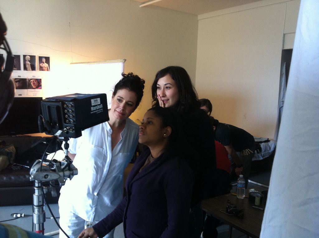 Director Jeanne Jo with actress Sean Young and set dresser Namina Forna on the set of M.A.R.R.A in 2012.