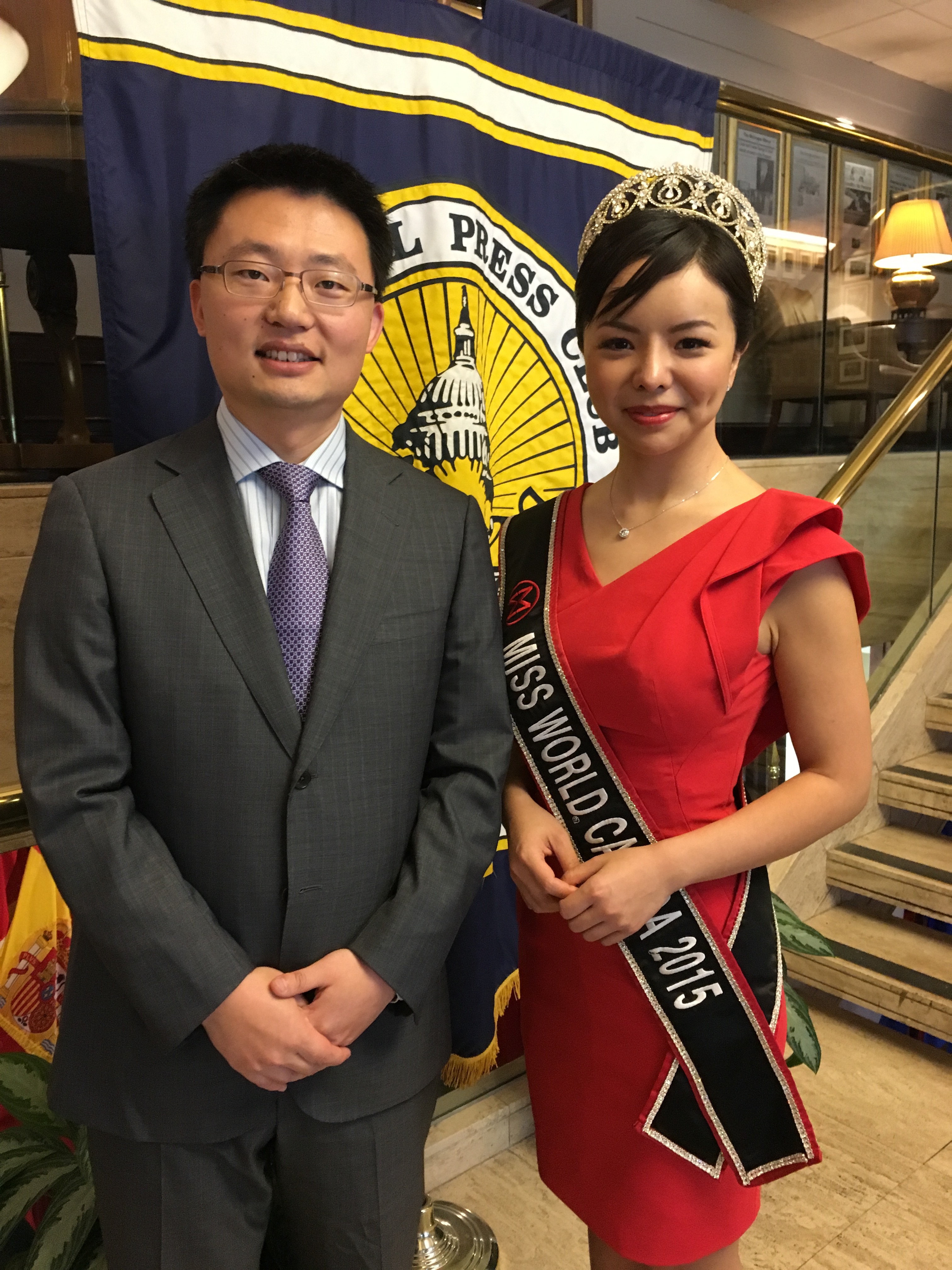 Director Leon Lee and Miss World Canada 2015 Anastasia Lin at the National Press Club in Washington DC.