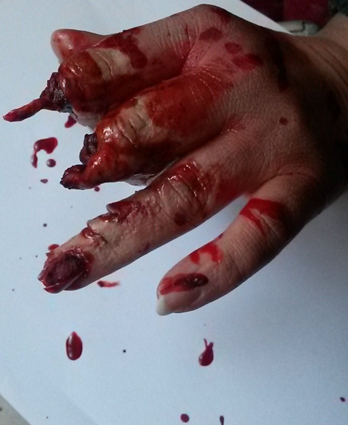 Horror film make up test of severed hand for 'The Snarling' by Jenny Binns.