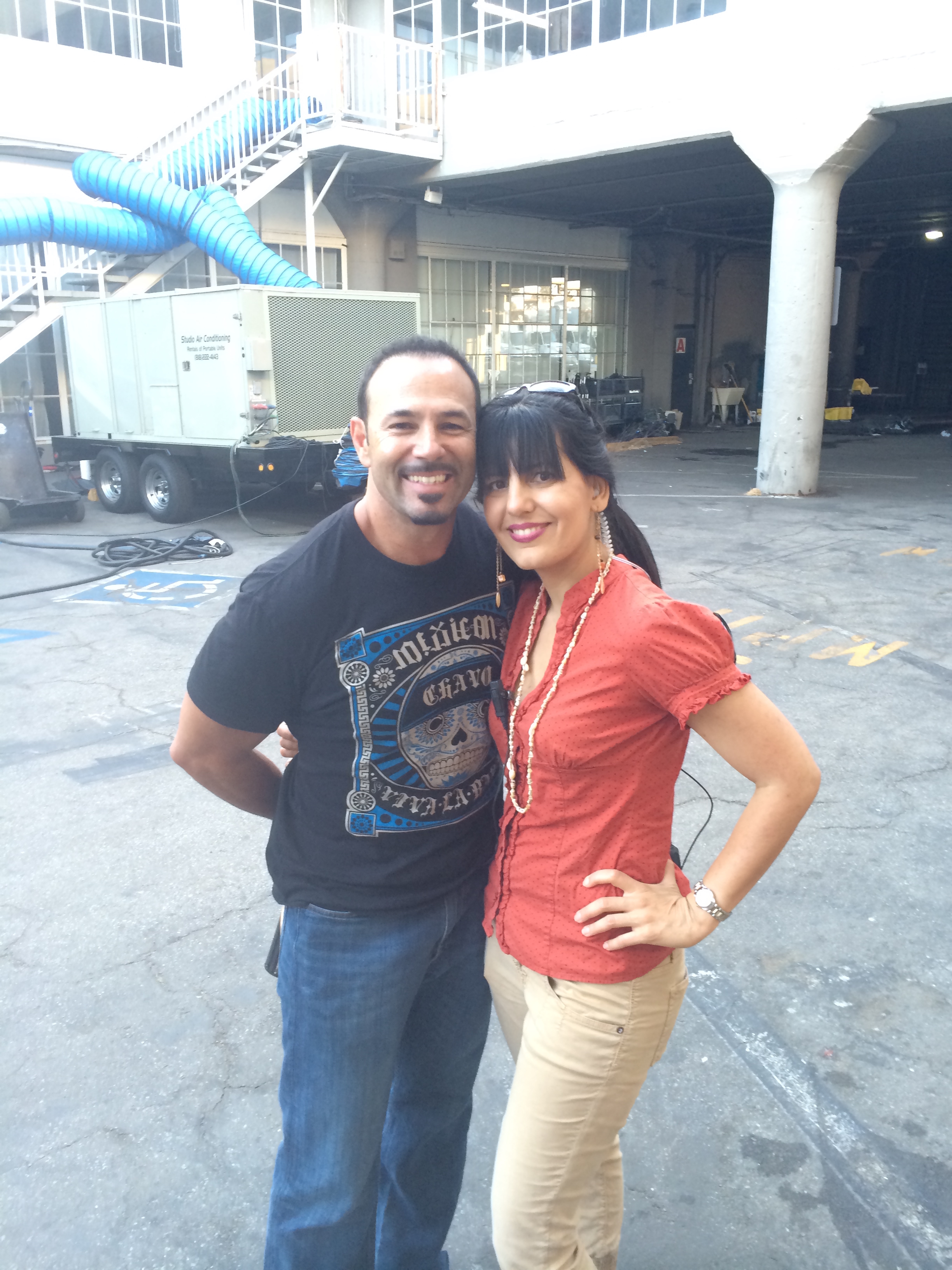 Chavo Guerrero and Ellie Shoja on the set of Boone the Bounty Hunter