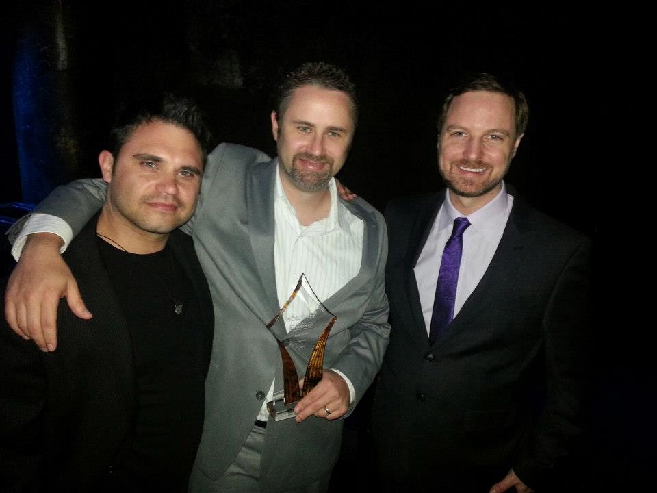 Ed Robinson, Jonathan Robbins & Matthew Carvery celebrating Ed's win at the 2013 Hollywebfest awards