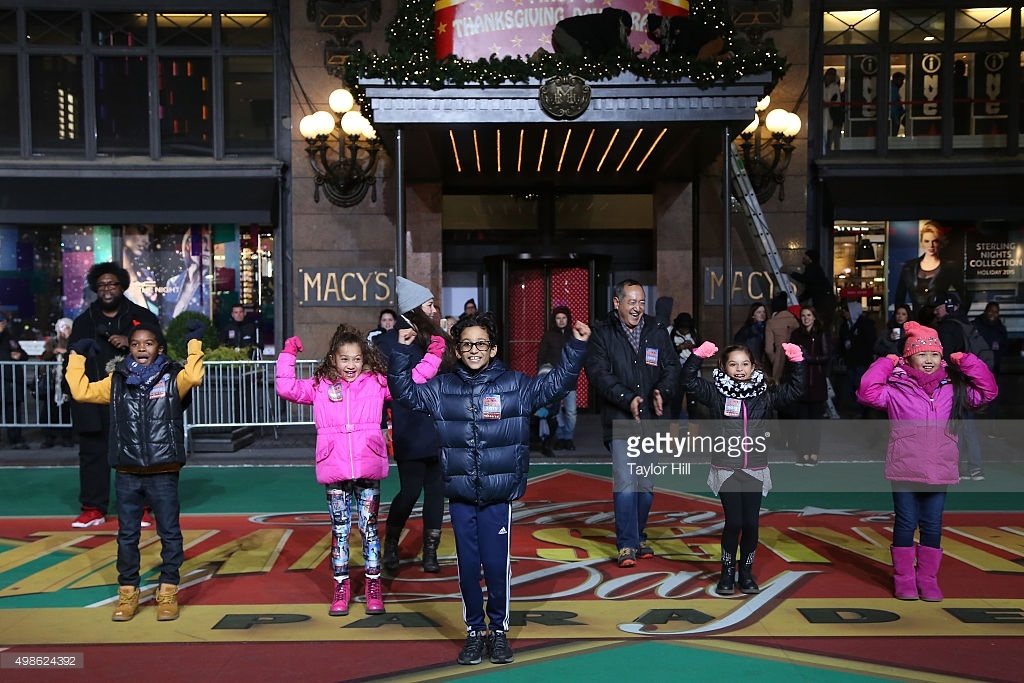 RAINA CHENG (Far right) at 89th Macy's Thanksgiving Day Parade Rehearsal with Sesame Street cast members Alan Muraoka & Suki Lopez; Questlove & fellow child performers,11/23/2105.She performed on the Sesame Street Float the previous year as well in 2014.