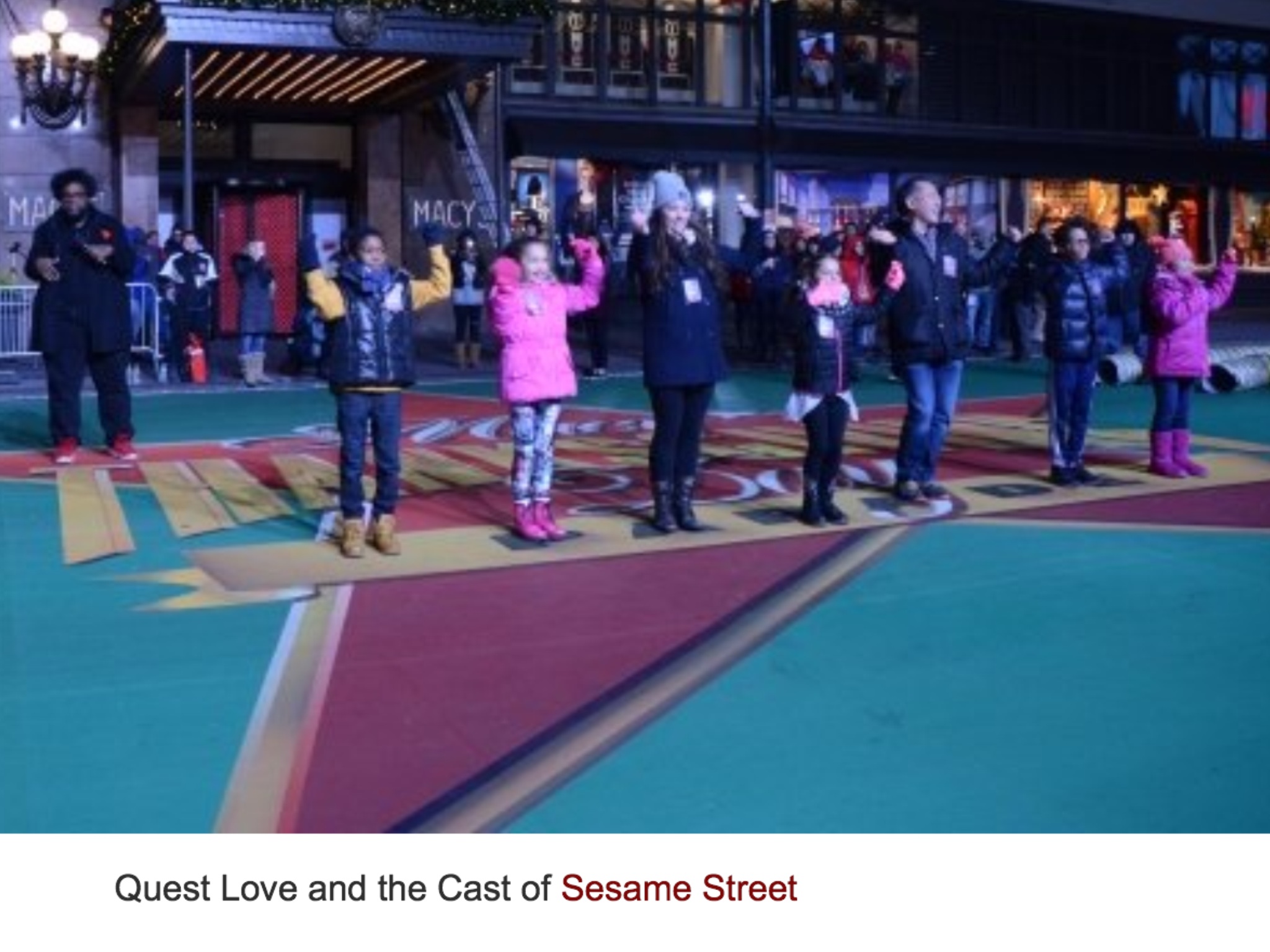RAINA CHENG (Far right) at the 89th Macy's Thanksgiving Day Parade Rehearsal with Sesame Street cast members Alan Muraoka & Suki Lopez; Questlove & fellow child performers, 11/23/2015. Raina performed on the Sesame Street Float in the previous year