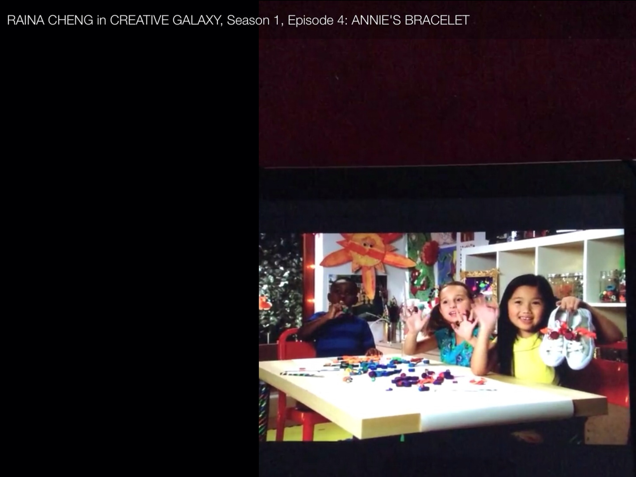 Raina Cheng demonstrates to viewers how to make clay beads to embellish shoes on the Web Series, CREATIVE GALAXY. 2014