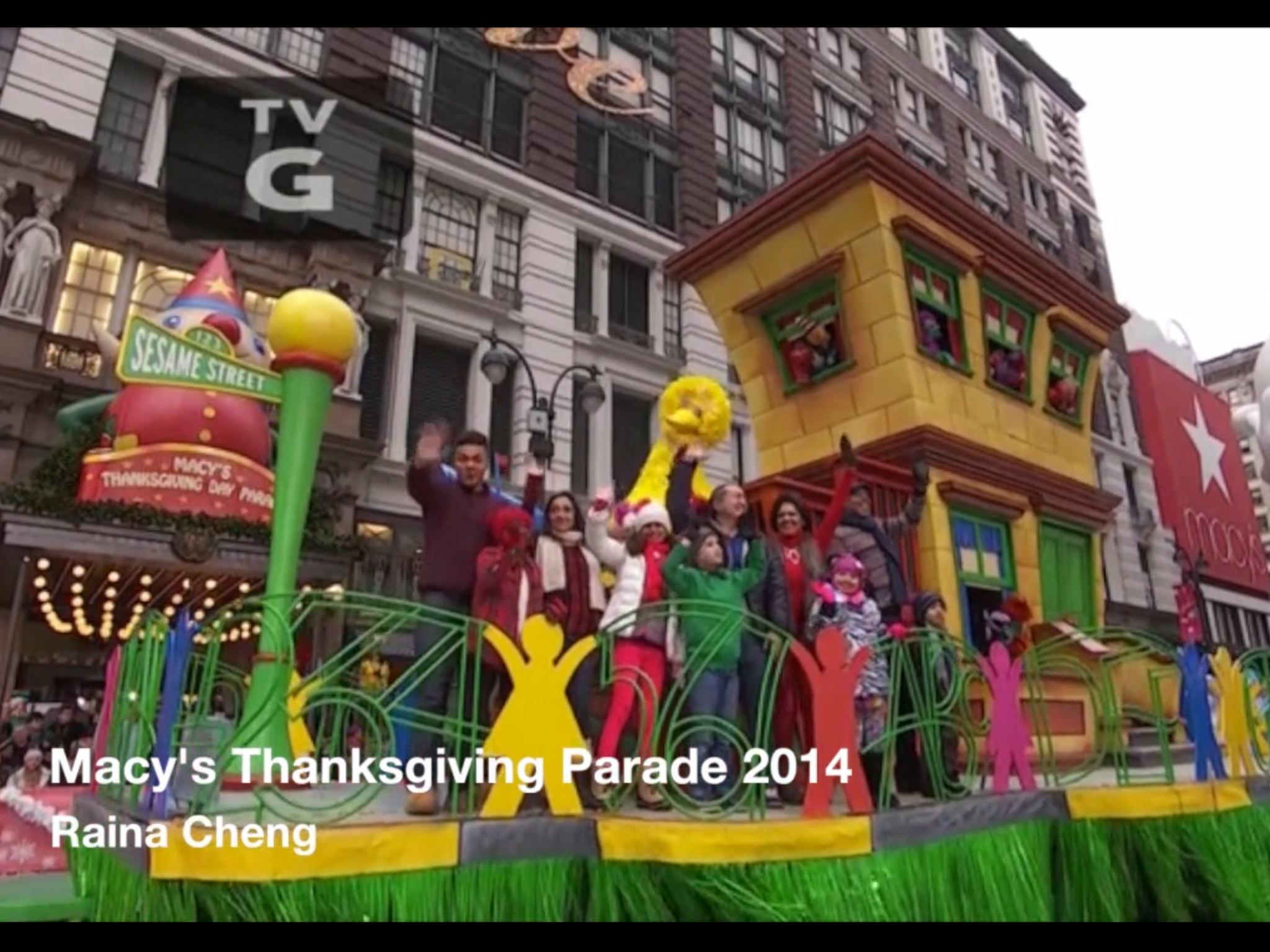 Raina Cheng and the cast, muppets of Sesame Street about to perform in front of Macy's for NBC broadcast of the 88th Macy's Thanksgiving Day Parade, 2014
