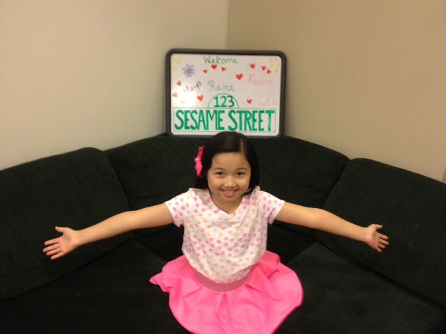 Raina Cheng in waiting room about to shoot Sesame Street TV Show new show opening to premiere on HBO for the 1st time. 2016