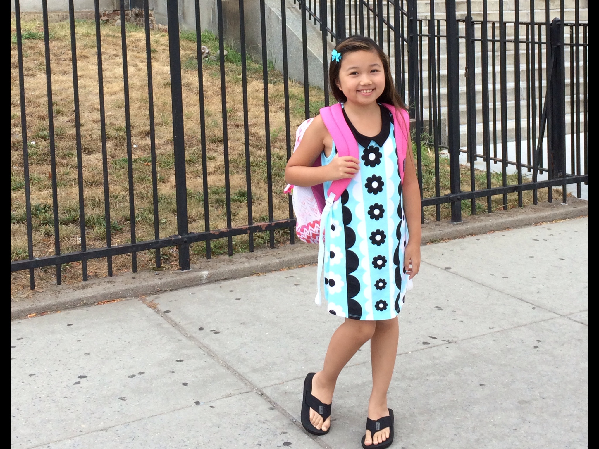 Raina Cheng in front of her Gifted & Talented Middle school on the 1st day of school, 2015. She was accepted a seat in this much sought after school because of her high scores of the Common Core Statewide tests and Drama Audition for Admittance.