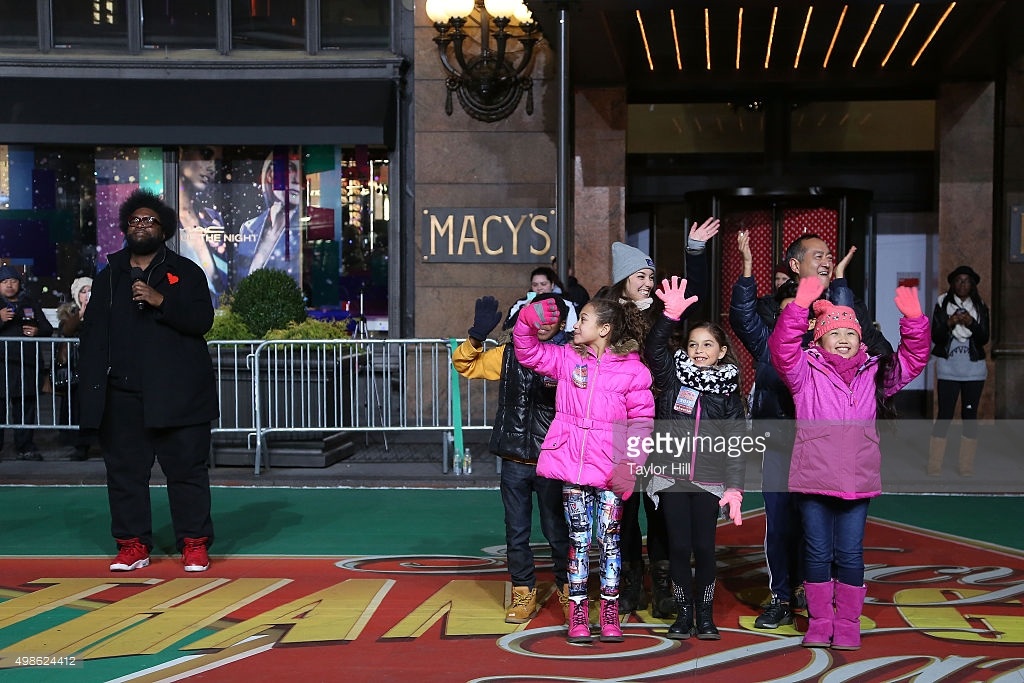 RAINA CHENG (Far right) at the 89th Macy's Thanksgiving Day Parade Rehearsal with Sesame Street cast members Alan Muraoka & Suki Lopez; Questlove & fellow child performers, 11/2015. She performed on the Sesame Street Float in the previous year a
