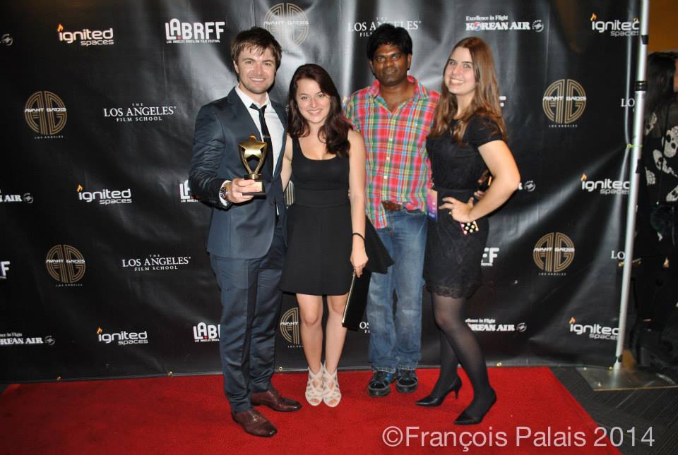 Laura Starace (2nd left) with actor Emiliano Ruschel (left) and friends