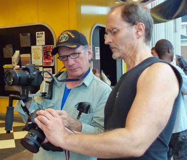 Jim Monaco and I at the Colonial Theater in Phoenixville, Pa., preparing to shoot the re-enactment of people running out of the theater to escape the terror of THE BLOB!