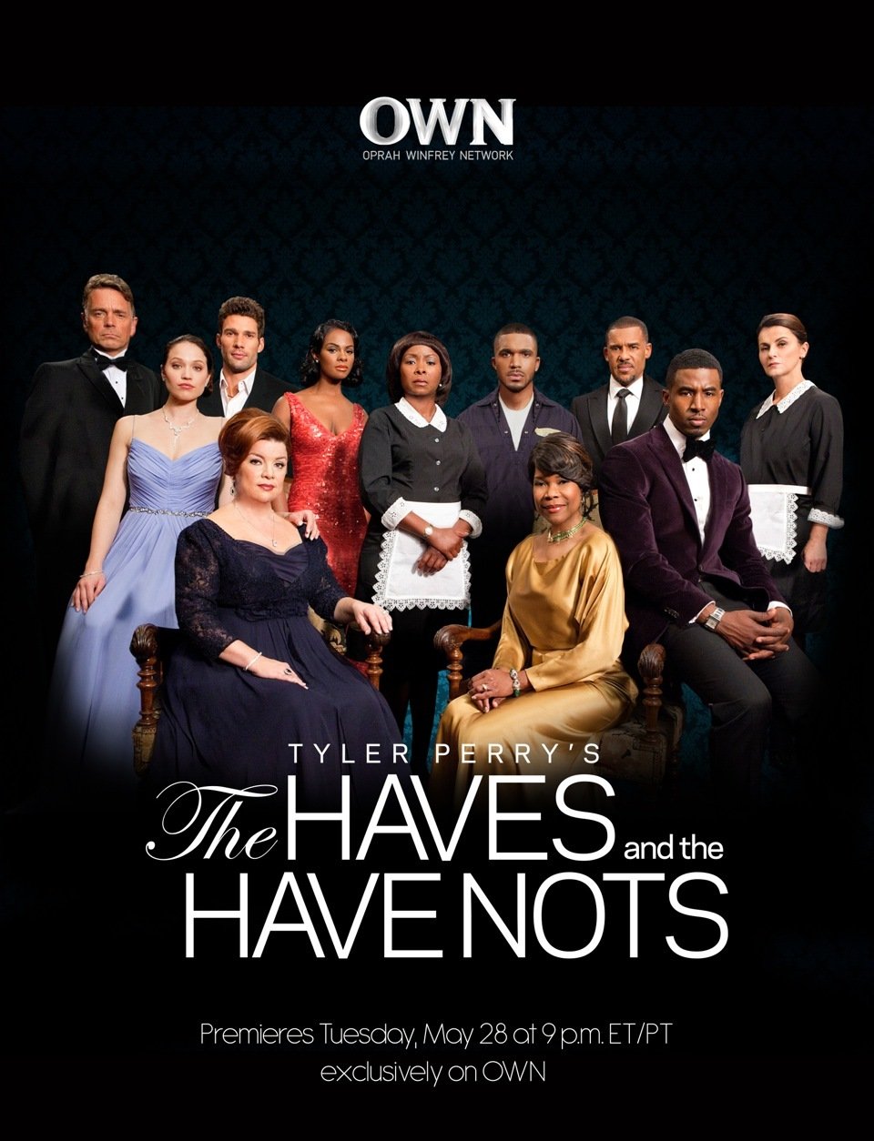 Eva Tamargo, Crystal R. Fox, Peter Parros, John Schneider, Gavin Houston, Angela Robinson, Renee Lawless, Tika Sumpter, Aaron O'Connell, Tyler Lepley and Jaclyn Betham in The Haves and the Have Nots (2013)