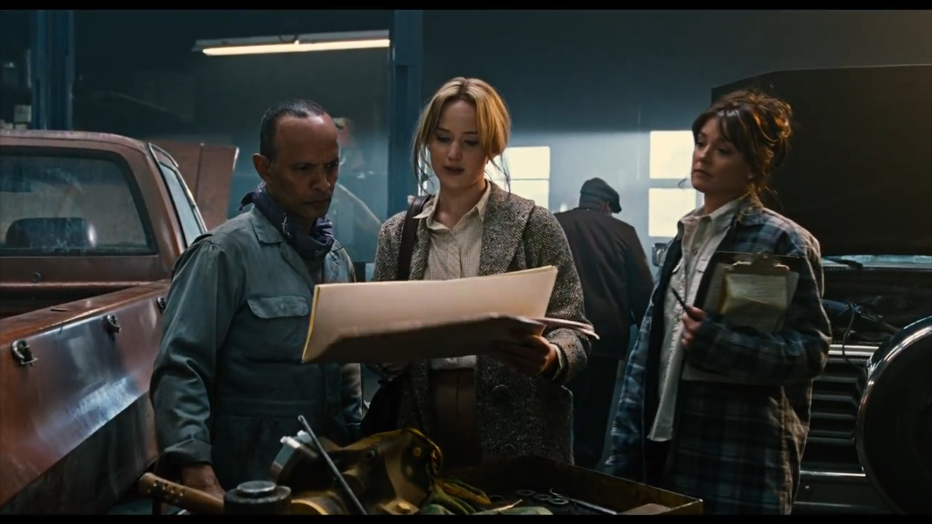 Still of Jennifer Lawrence, Elisabeth Rohm, and Pedro Sabino in David O' Russell's film Joy 2015.