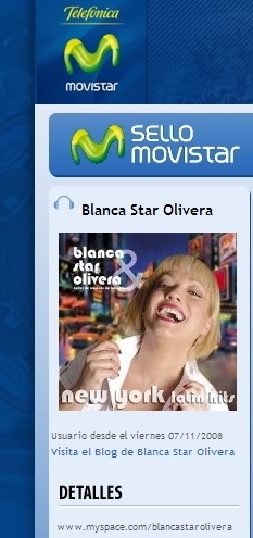 Blanca Star Olivera - 2 discos en website Artistas Sello Movistar 2008-2010. Cds `NEW YORK LATIN HITS´ y `AMOR PLATONICO´.