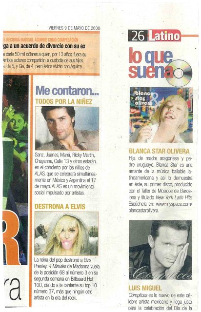 Blanca Star Olivera - newspaper `Periódico Latino´ article with stars Madonna, Chayanne and Luis Miguel. First CD `New York Latin Hits´