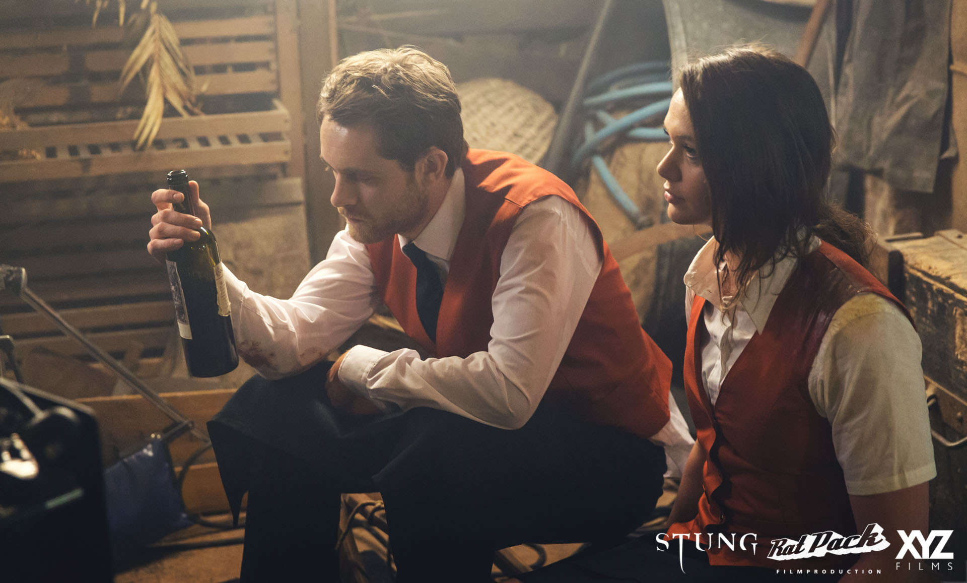 Jessica Cook and Matt O'Leary on the set of Stung.